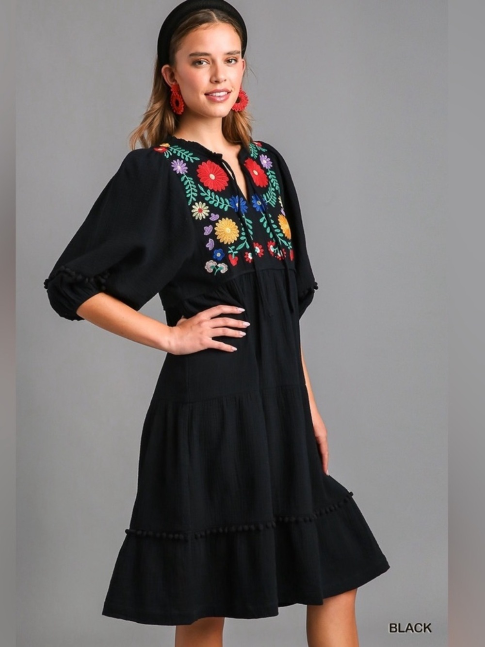 Umgee Black Floral Embroidered Cotton Puff Sleeve Midi Sundress USA Small